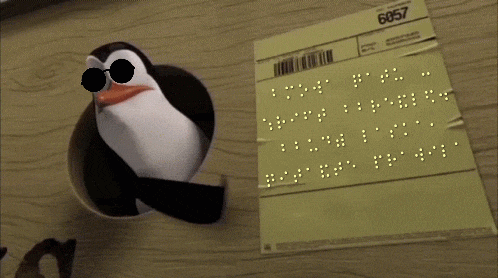 a penguin wearing sunglasses is standing next to a piece of paper with the number 6057 on it