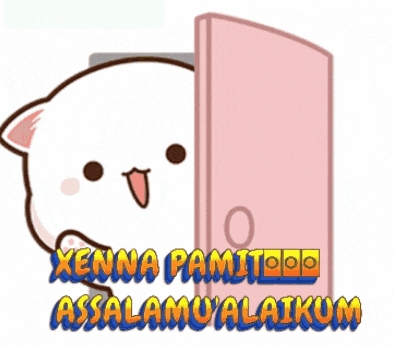 a cartoon drawing of a pink door with the words xenna pamito assalamu'alaikum