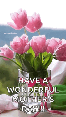 a vase of pink flowers with the words have a wonderful mother 's day written on it .