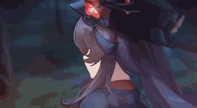 a close up of a girl with long hair wearing a hat and flowers .