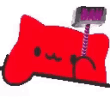 a red cat is sitting on a red couch with a purple remote control on its head .