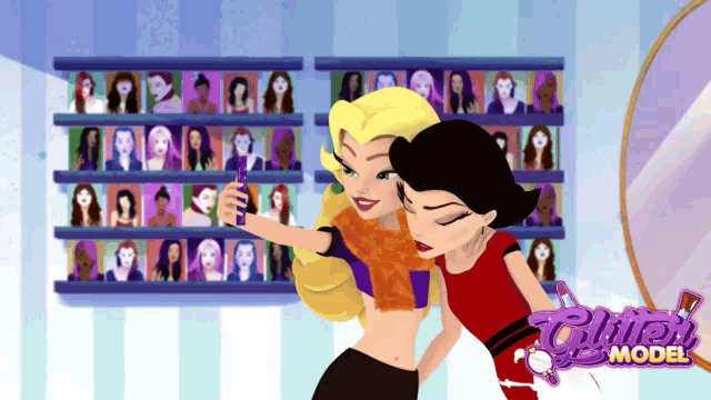 a cartoon of two girls standing next to each other in front of a display of wigs and the words " clutter model "