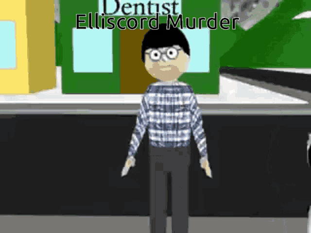 a cartoon character is standing in front of a dentist elliscord murder building .