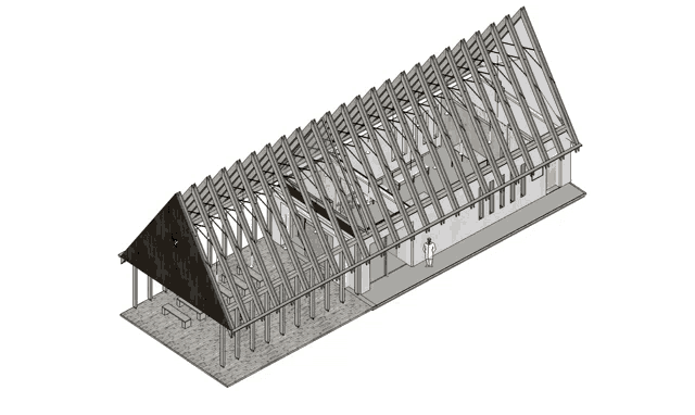 an aerial view of a building with a roof