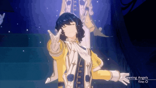 a man in a yellow and white outfit is giving the peace sign .