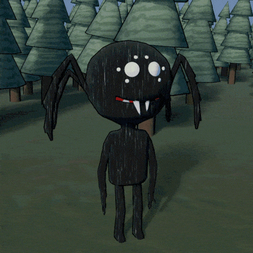a cartoon character with a spider 's wings is standing in a forest