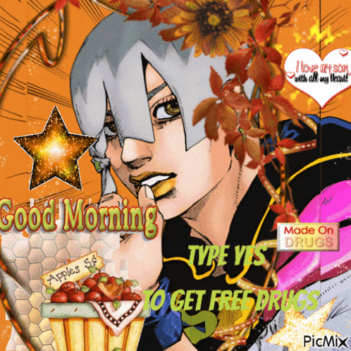 a picture of a girl with the words good morning tyre yes to get free drugs written on it