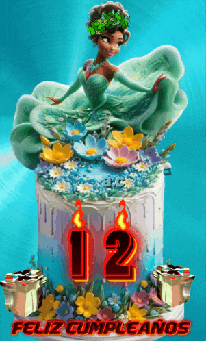 a birthday cake with a princess on top and the number 12 on it