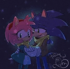 amy and sonic from sonic the hedgehog are hugging each other .
