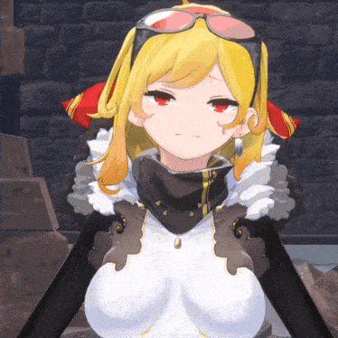 a girl with yellow hair and red eyes is wearing goggles