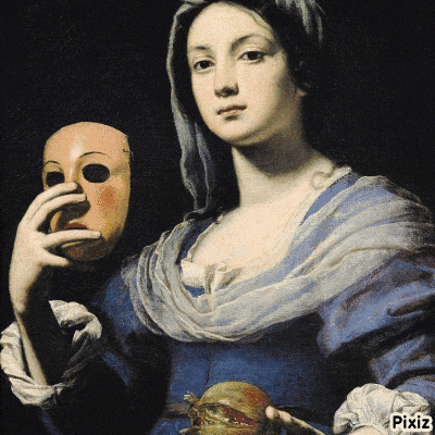 a painting of a woman holding a mask with pixiz written in the corner