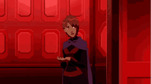 a woman in a purple cape stands in a red room