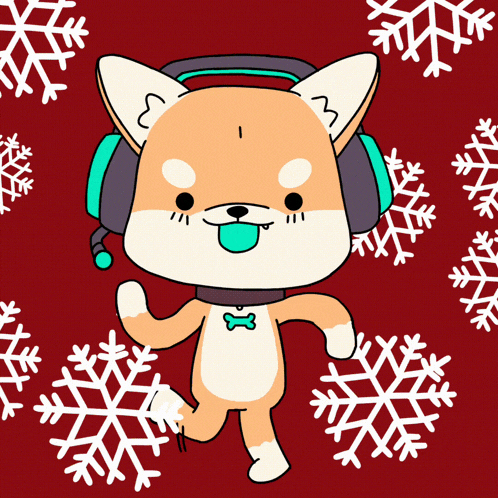 a cartoon of a dog wearing headphones with snowflakes around him