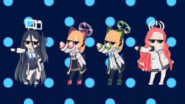 a group of anime characters wearing sunglasses are dancing
