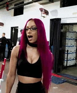 a woman with purple hair is wearing glasses and a choker around her neck