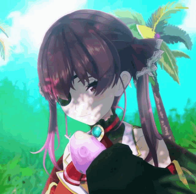 a drawing of a girl with purple hair holding a pink object
