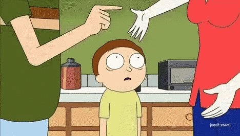 a cartoon of a man pointing at a child 's head while a woman holds his hand .
