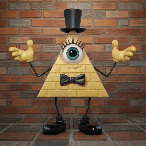 a yellow pyramid with a blue eye and a top hat