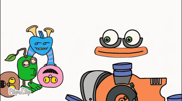 a group of cartoon characters are standing next to each other with the words flipa clip on the bottom left