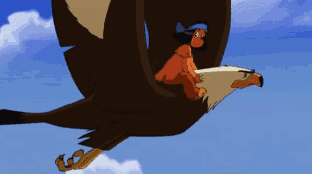 a cartoon of a boy riding on the back of an eagle