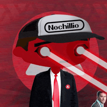 a man in a suit and tie with a hat that says nochillio