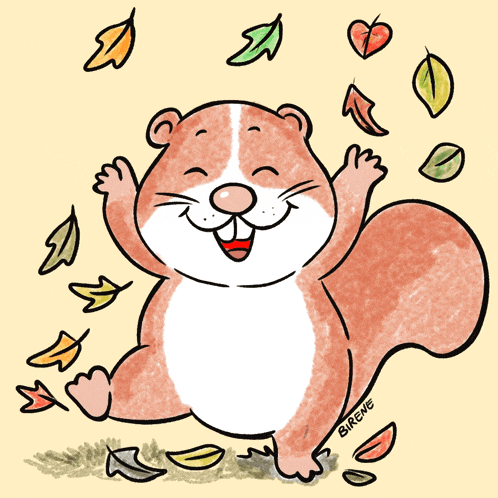 a cartoon drawing of a squirrel with leaves falling around it