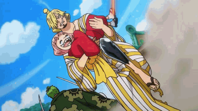 a cartoon of a man carrying a woman with a sword