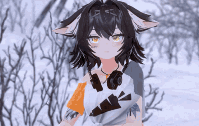 a cartoon character with headphones around her neck is standing in the snow