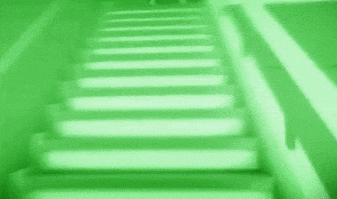 a person is walking up a set of stairs in a green light .