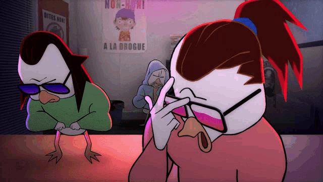 a cartoon scene with a poster that says non-non on it
