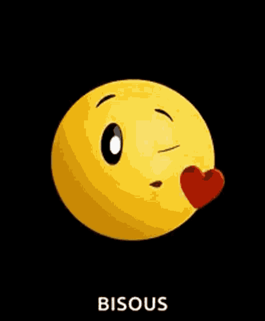a yellow smiley face with a red heart behind it and the word bisous .