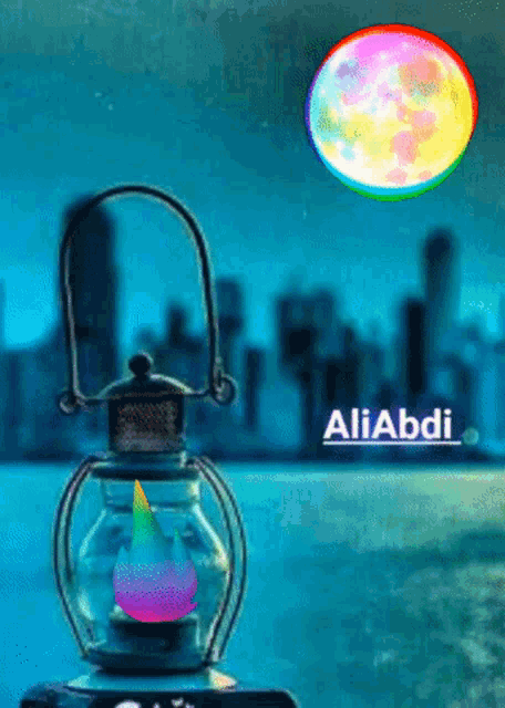 a picture of a lantern with a full moon in the background and the name aliabdi on the bottom