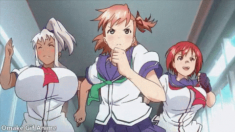 a group of anime girls are running down a hallway together .