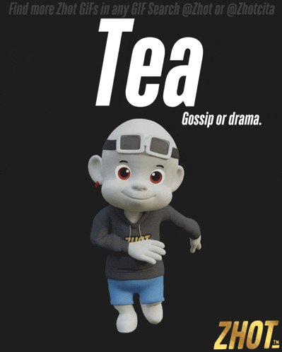 a cartoon character with a hoodie that says tea on it