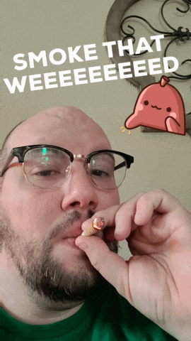a man wearing glasses smoking a cigarette with the words smoke that weeeeeed behind him