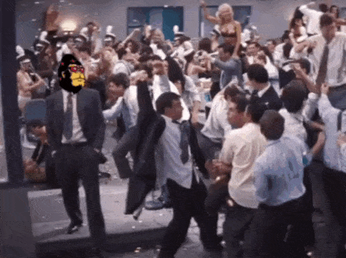 a group of people in suits and ties are dancing in a room with a woman in a bikini .