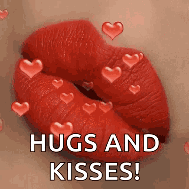 a close up of a woman 's red lips with hearts coming out of them and the words `` hugs and kisses ''