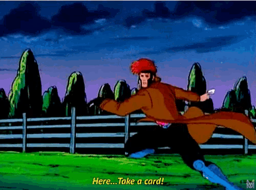 a cartoon character says " here take a card " in a field