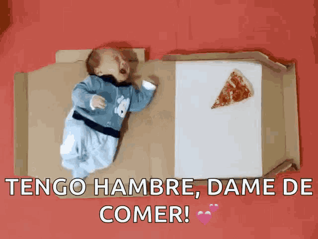 a baby is crying while laying in a cardboard box with a slice of pizza