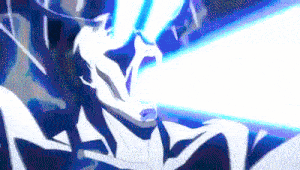 a close up of a person 's face with a blue light coming from it .