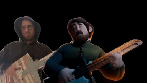 a man in a hoodie is holding a cardboard box and a man playing a guitar
