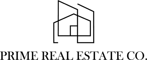 the logo for prime real estate co. is black and white .