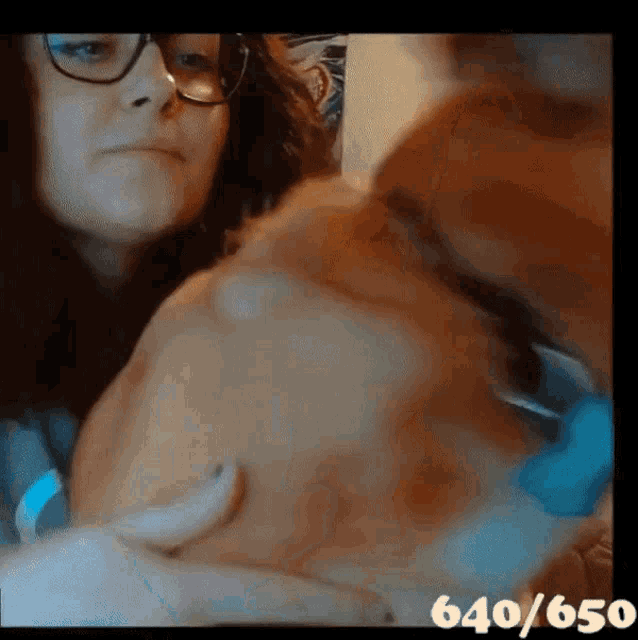 a woman wearing glasses is petting a dog with the number 640/650 on the bottom right