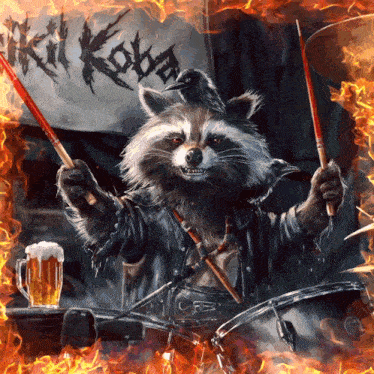 a painting of a raccoon playing drums with a crow on its head