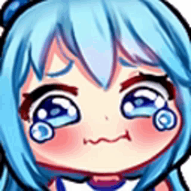 a close up of a cartoon character with blue hair and tears coming out of her eyes .