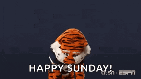 a tiger mascot is standing in front of a blue background with the words `` happy sunday '' .