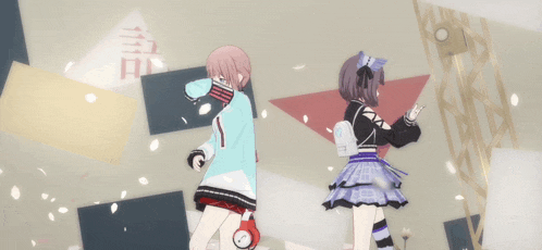 two anime girls are standing next to each other with one holding a clock