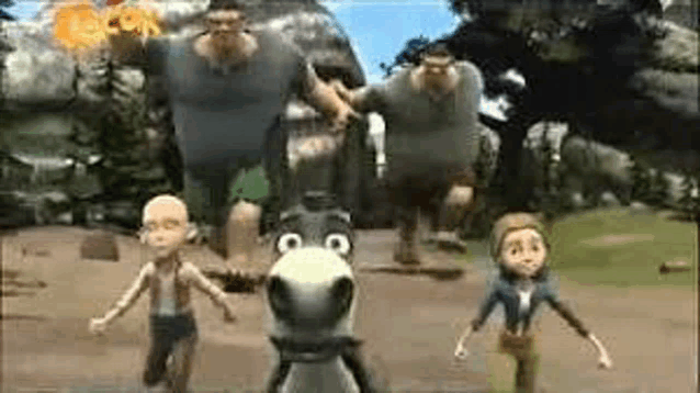 a group of cartoon characters are standing around a donkey .