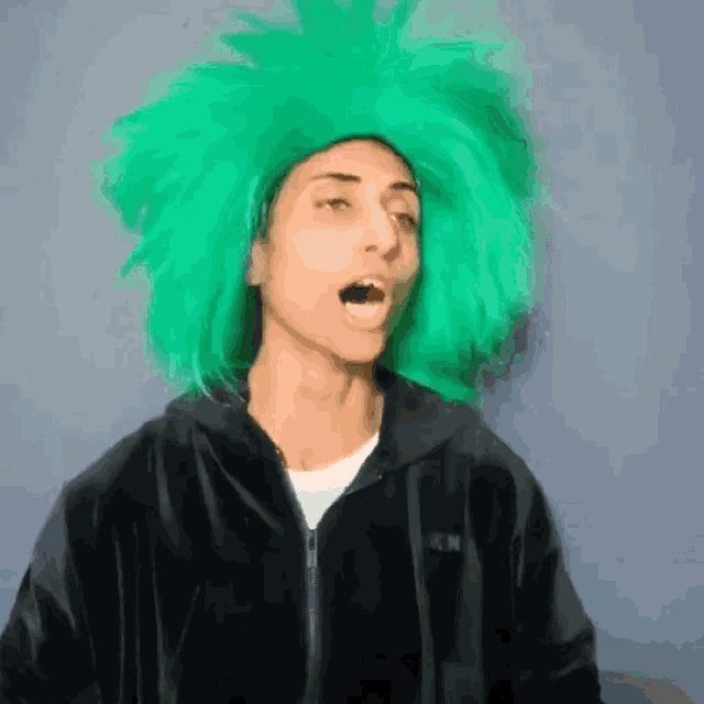 a woman wearing a green wig and a black jacket with the letter n on the front
