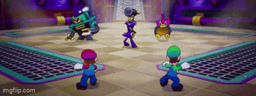 mario and luigi are playing a video game with a bunch of cartoon characters .